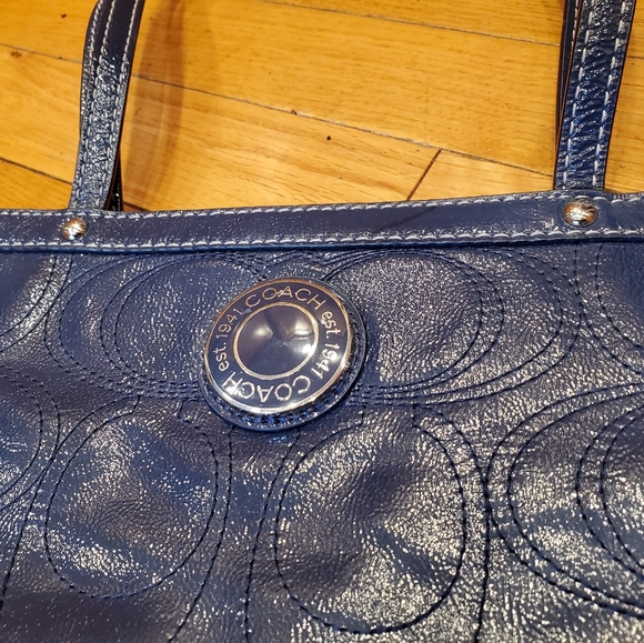 Coach Patent Marine Navy Blue Leather Logo Mini Tote Purse - Picture 15 of 16